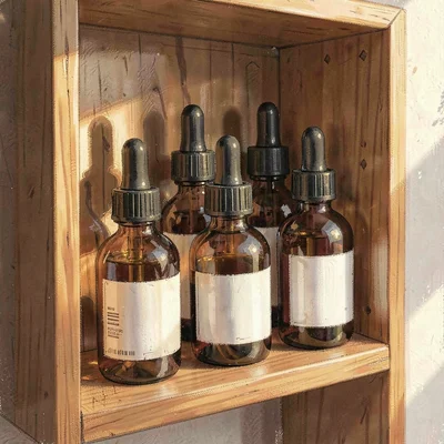 Cluster of dropper-bottles in a wooden cubbyhole rack, warm late-day light