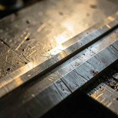 Surface study of a flash-trim guillotine blade, scarred steel catching low obliq