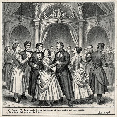 A grand ball with dancing couples