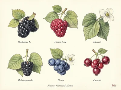 A berry identification plate: blackberry, raspberry, blueberry, and currant at v