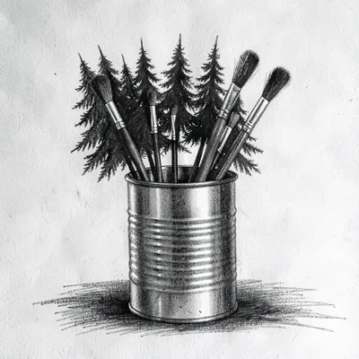 Charcoal study of a tin can holding a forest of brushes, bristle silhouettes cat