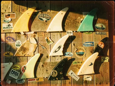 Surfboard fin collection on wall