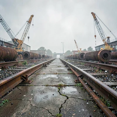 a steel rolling-mill yard at overcast noon, weathered crane rails on cracked con