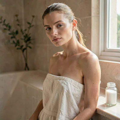 Portrait of a model wrapped in a cream linen towel beside a bath ledge, single s