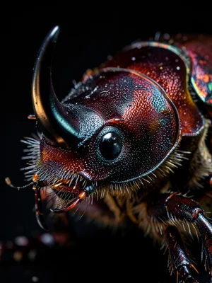 A rhinoceros beetle, its massive horn structure catching side light, the exoskel