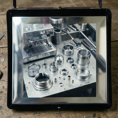 An espresso machine's chrome group head disassembled on a workbench with all its
