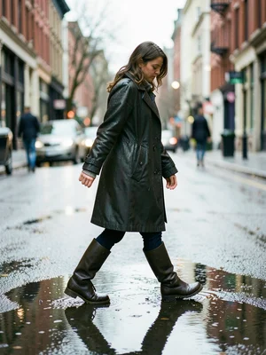 Model in rain coat and boots, stepping over puddle, urban spring street