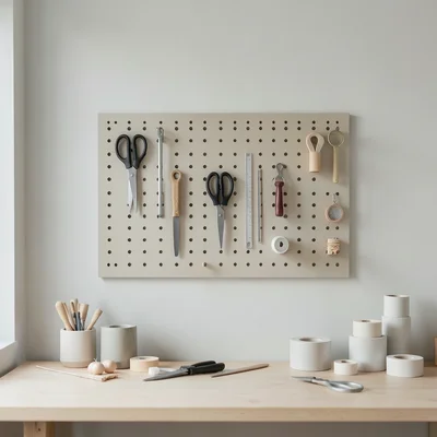 Wall-mounted pegboard in a craft room with tools, scissors, tape, organized supp