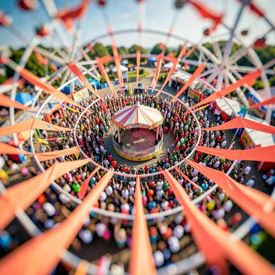Festival tilt-shift photograph from a Ferris-wheel cabin, saturated coral banner