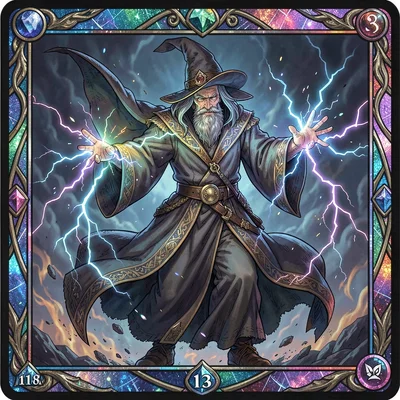 Trading card game illustration, an ancient wizard channeling arcane lightning be