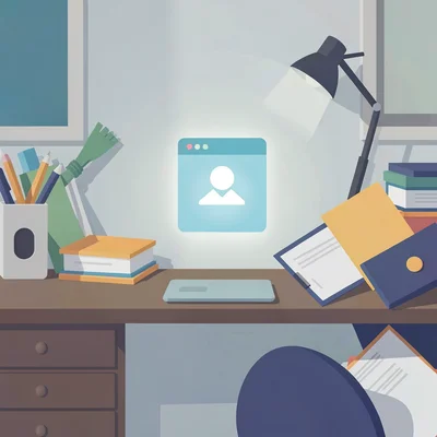 Flat vector explainer spread of a cluttered desk reduced to clean geometric shap