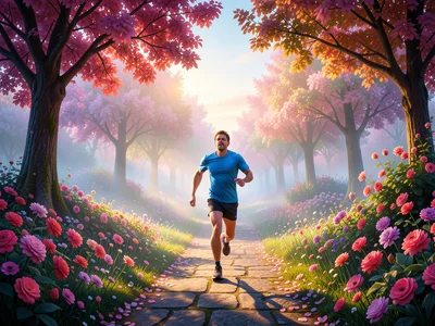 Runner stretching on path through blooming park, early morning mist
