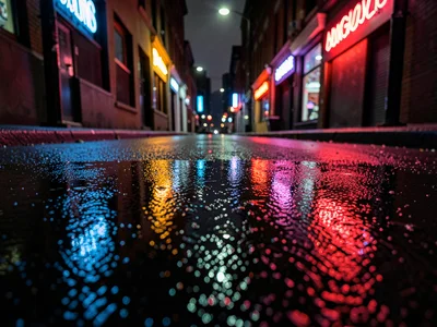 Wet pavement neon reflection
