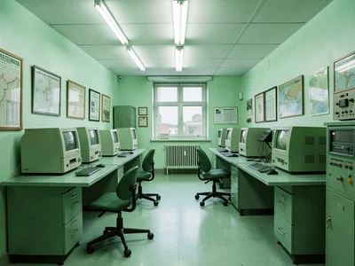 Vintage computer room with green equipment, mid-century technology, institutiona