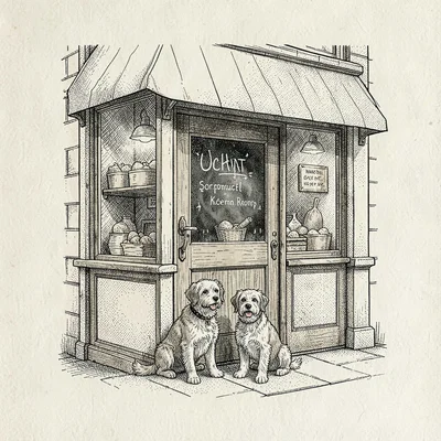 Loose pen-ink scene of a bakery storefront with a chalkboard sign and two dogs a