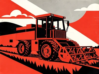 Agricultural harvester in field, machine forms as bold red and black shapes
