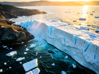 Glacier calving into ocean, tilt-shift from above, miniature ice chunks