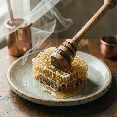 Intimate warm-toned photograph, Raw honeycomb on pottery plate, honey dripping, 