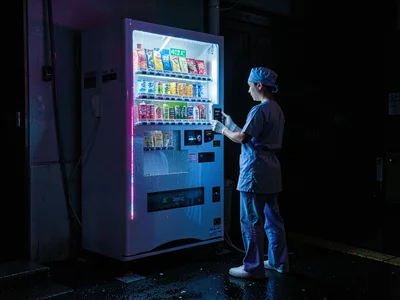 Night nurse at vending machine, scrubs lit blue-white, the 2am caffeine ritual