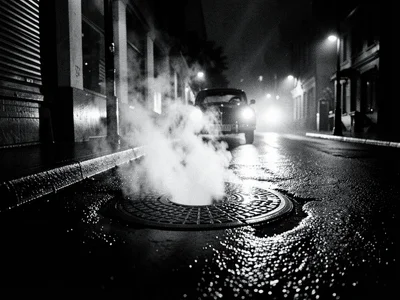 Steam rising from a manhole cover on a dark street, car headlights approaching