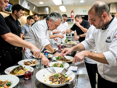 Chef plating during dinner rush, hands everywhere at once, the choreography of c