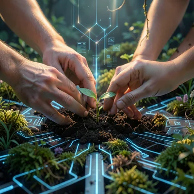Hands together pressing seedling into soil, adult and child hands, close-up