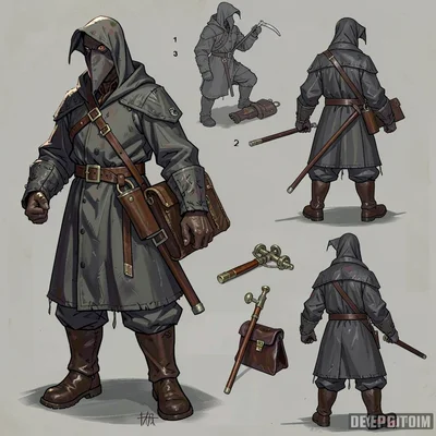 Video game concept art illustration, a plague doctor character design, multiple 