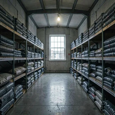 Wide shop hall with finished tarps folded on long shelves and a single bulb pool