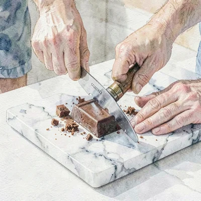 Documentary photo of hands tempering chocolate on a marble slab with a steel scr