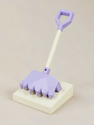 Leaf-toothed peach lowpoly garden rake with a chunky lavender head and cream pol