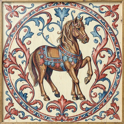 Scandinavian rosemaling illustration, a horse figure with decorative mane and br