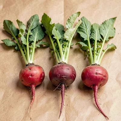 Warm paper sidebar of three radish varieties arranged in a row, leafy tops fanne