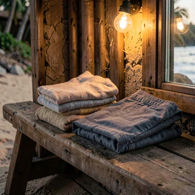 Stacked board socks and a folded boardshort on a beach-shack bench, deep umber t