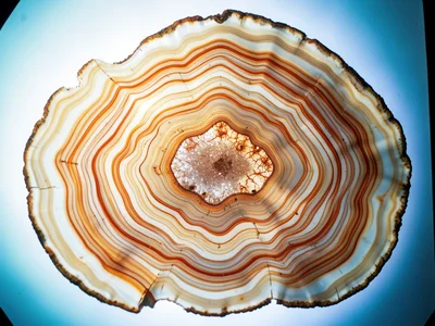 Banded agate macro, tight parallel curves in cream and rust, geological contour 
