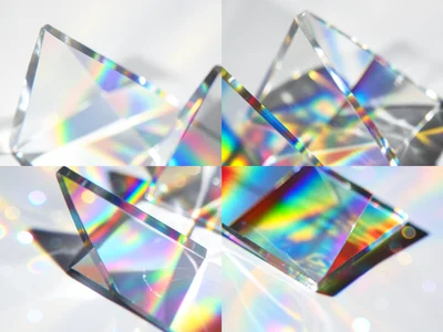 Overlapping spectral fans from three dichroic glass filters at different angles,