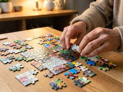 Hands hovering over scattered pieces, trying one, the moment before click of suc