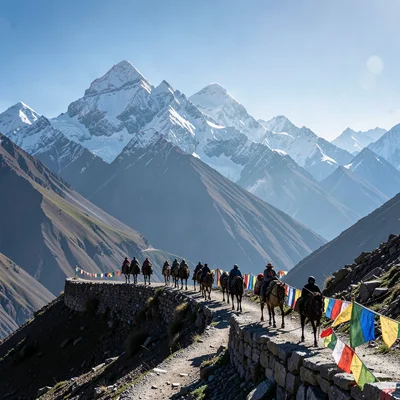High altitude clarity of Kathmandu, Nepal, Yak caravan crossing high pass, silho