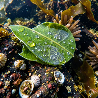 Raindrop puddle on leaf, trapped water bead acting as macro lens magnifying leaf