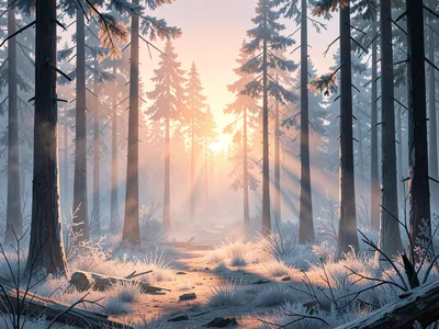 Black-spruce taiga clearing with a low northern sunbeam through frost haze, warm