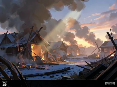 Smouldering siege camp at dawn pierced by a single beam through ash haze, warm e
