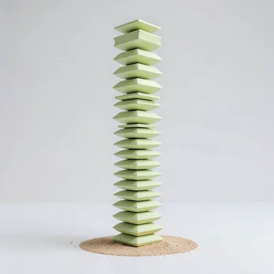Vertical vector tower of stacked folded shapes, story-tall, pistachio and sand