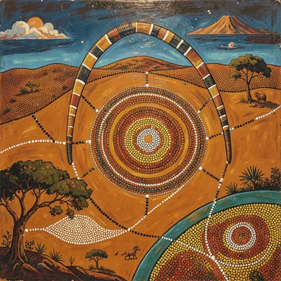 Indigenous Australian dot painting illustration, a boomerang journey path across