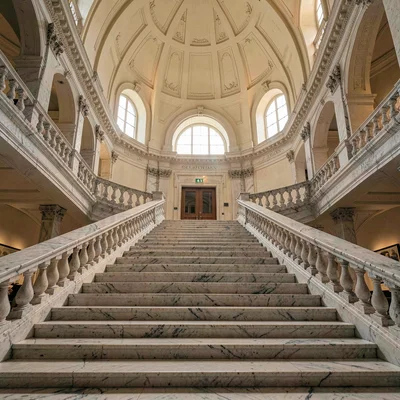 Vertical atmospheric scene of a marble staircase rising into a domed museum spac