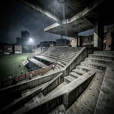 Post-industrial Johannesburg brutalism with harsh flash, Ellis Park stadium conc