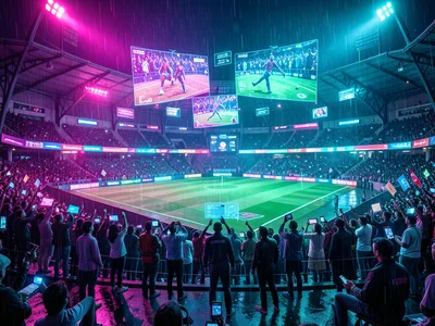 Cricket stadium with holographic replays floating above the pitch, crowd lit by 