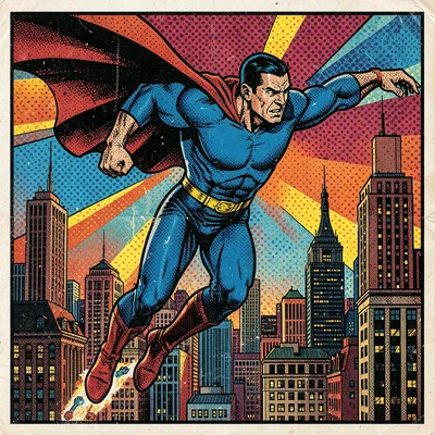 Halftone dot illustration, superhero flying through city , Ben-Day dots, pop art