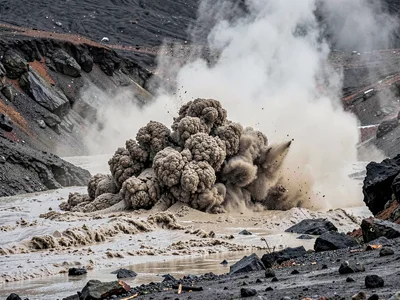 Wet ash creating lahar mud flow