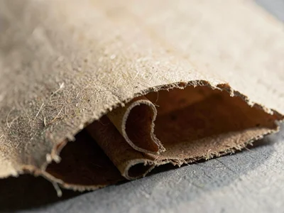 Cardboard-flute corrugation revealed beneath a peeled kraft skin curling away in