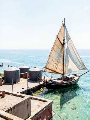 Brilliant Indian Ocean noon light in Dar es Salaam, Rooftop water tanks against 