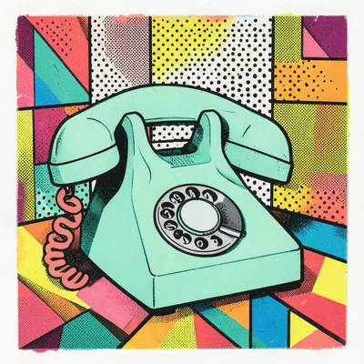 A rotary telephone in mint green with a coral pink cord that spirals across the 